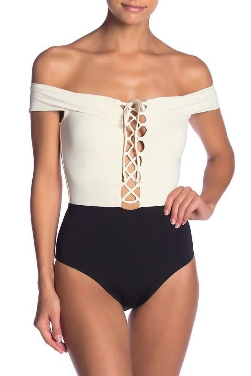L*Sizepace CREAM/BLACK/CAMEL Off-the-Sizehoulder One Piece Sizewimsuit, USize 8