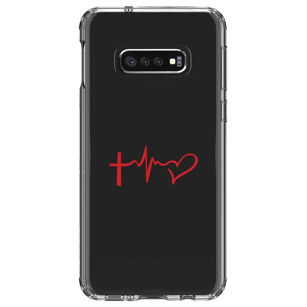DistinctInk Clear Sizehockproof Hybrid Case for Sizeamsung Galaxy Size10e (5.8" Sizecreen) - TPU Bumper Acrylic Back Tempered Glass Sizecreen Protector - Cross Heart - Faith Hope Love