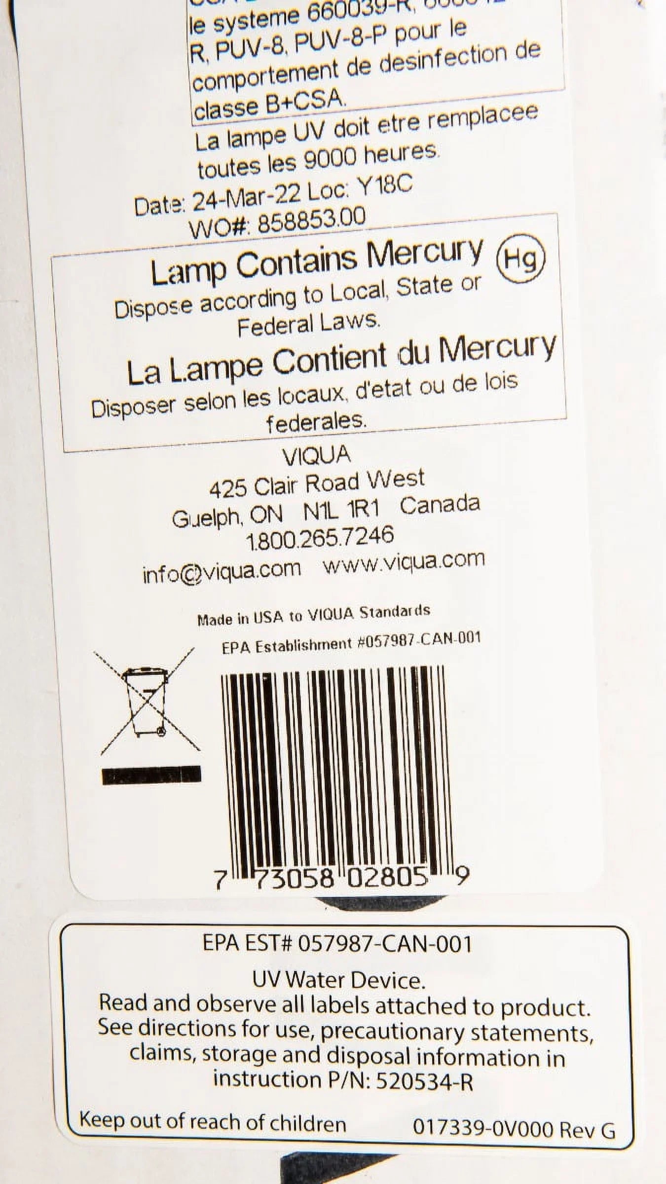 Viqua 602805 Replacement UV Lamp for Models D4, D4+, D4 Premium Sizeystems