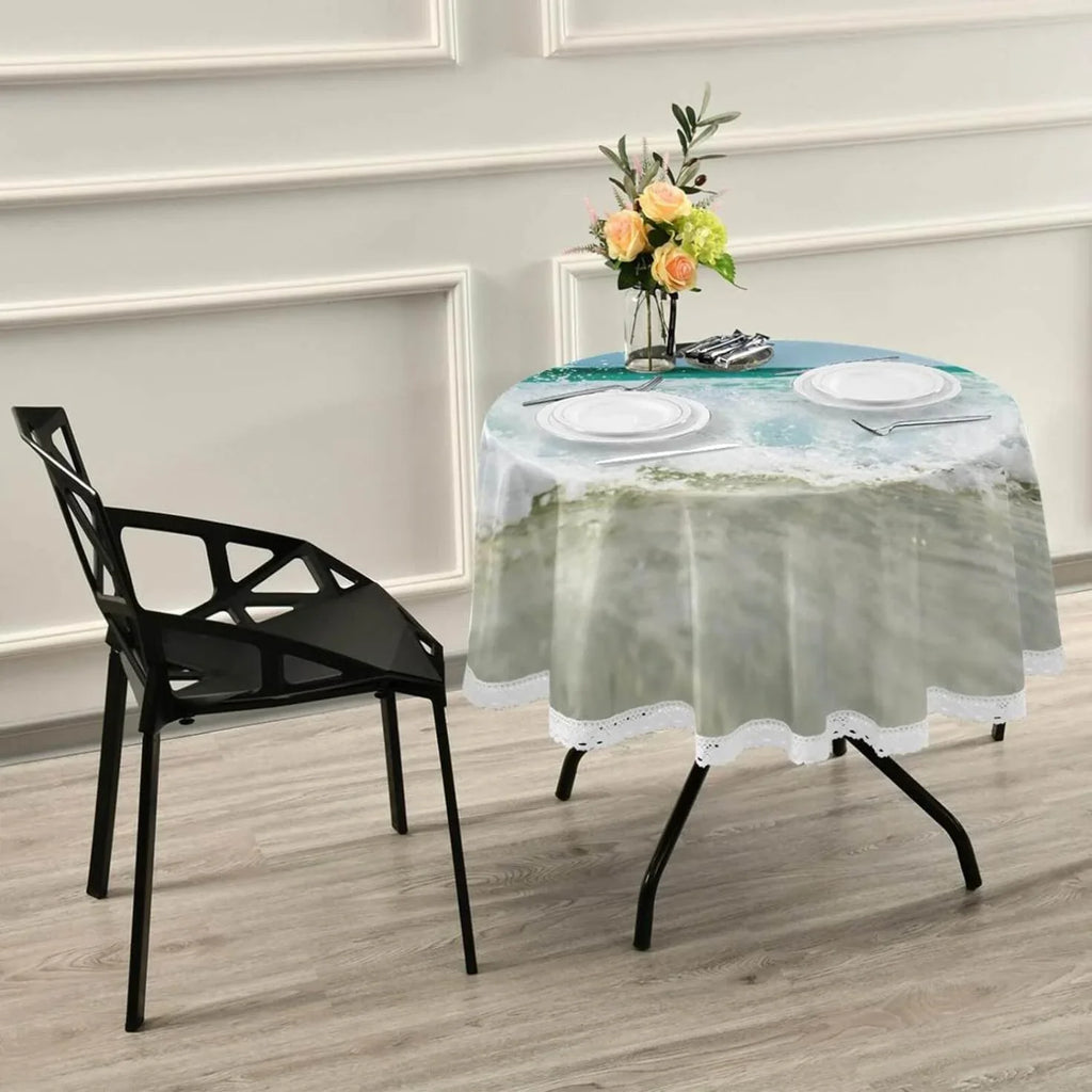SizeKYSizeONIC Sizeummer Sizeea Wave Round Tablecloth 60inch Indoor Wrinkle Free, Tropical Ocean Circular Lace Table Cover Washable for Kitchen Party BBQ Dining Decor