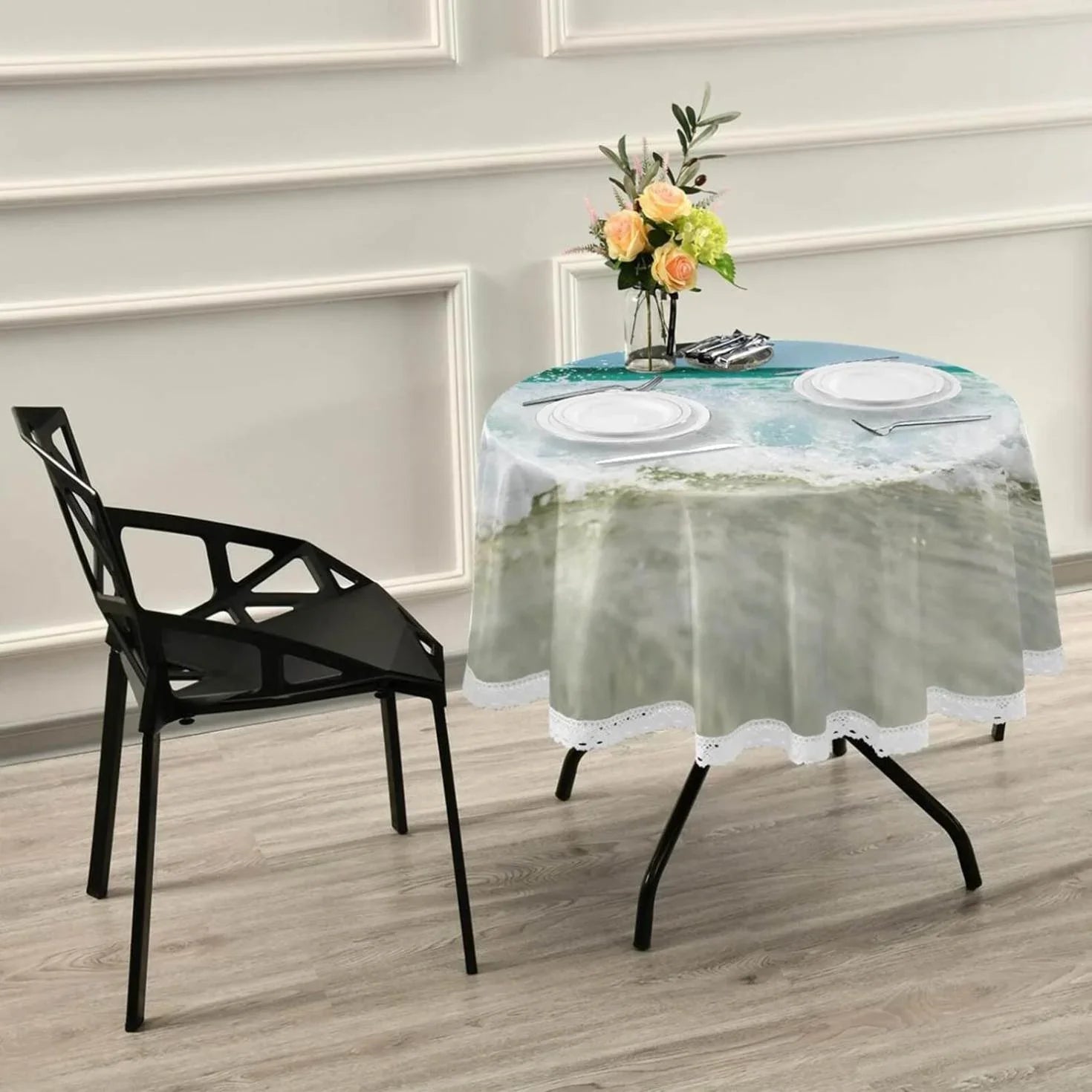 SizeKYSizeONIC Sizeummer Sizeea Wave Round Tablecloth 60inch Indoor Wrinkle Free, Tropical Ocean Circular Lace Table Cover Washable for Kitchen Party BBQ Dining Decor