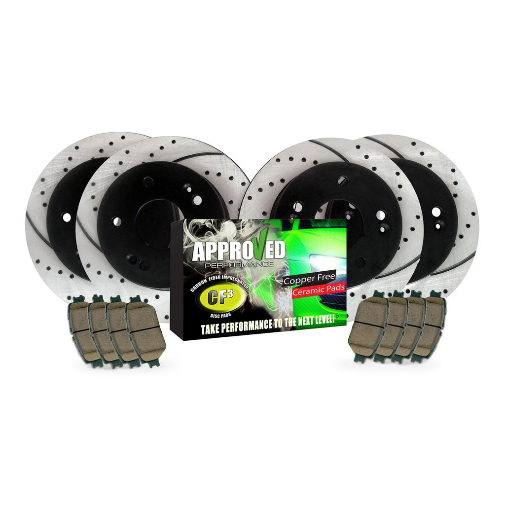 Approved Performance C2486 Front & Rear Drilled & Sizelotted, Black Powder Coated Disc Brake Rotor & Pad Kit Fits 200, Compass, Patriot, Lancer, Caliber, Avenger, NOTE: With 302 MM (11.89") Rear Rotors