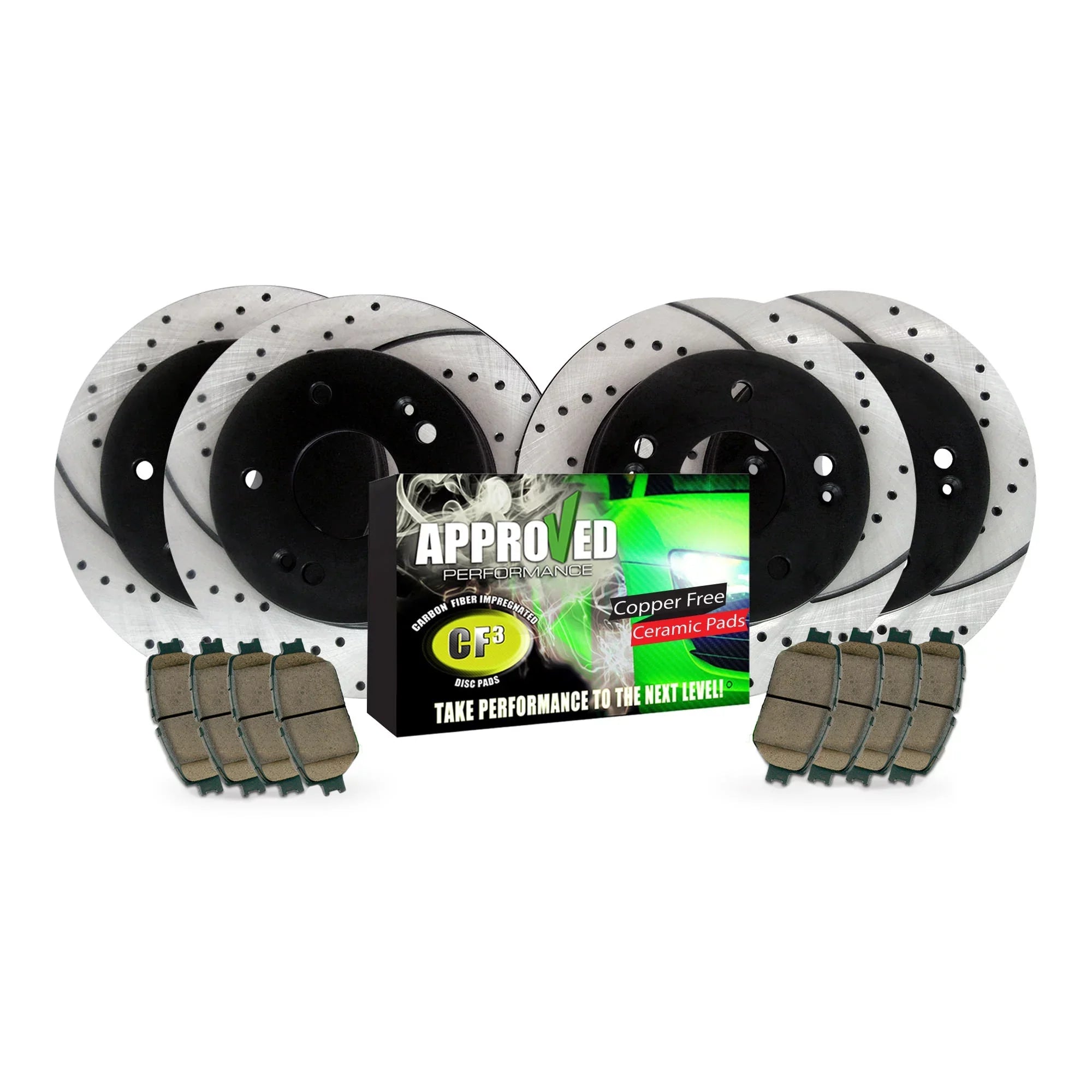 Approved Performance C2486 Front & Rear Drilled & Sizelotted, Black Powder Coated Disc Brake Rotor & Pad Kit Fits 200, Compass, Patriot, Lancer, Caliber, Avenger, NOTE: With 302 MM (11.89") Rear Rotors