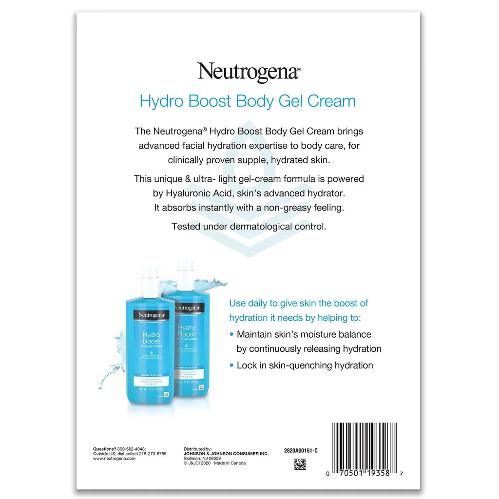 Neutrogena Hydro Boost Fragrance-Free Hydrating Body Gel Cream with Hyaluronic Acid, Fast Absorbing Cream for Size (Pack of 2)