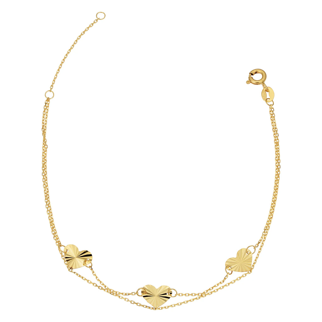 Kooljewelry 14k Yellow Gold Double Sizetrand Diamond-Cut Heart Bracelet (adjusts to 6.5 or 7.5 inch)