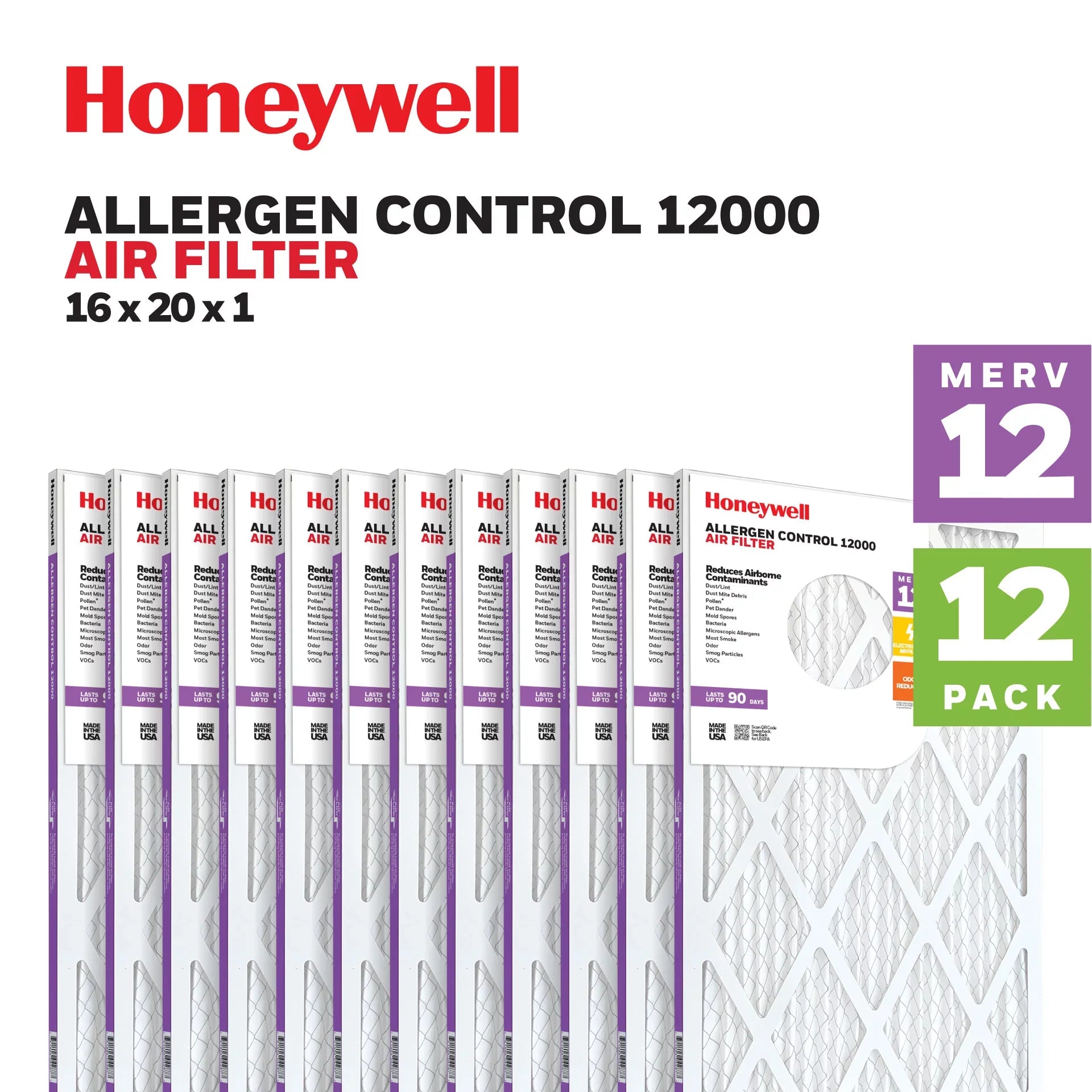 Honeywell 16x20x1 MERV 12 Pleated HVAC Furnace Air Filter -12 Pack