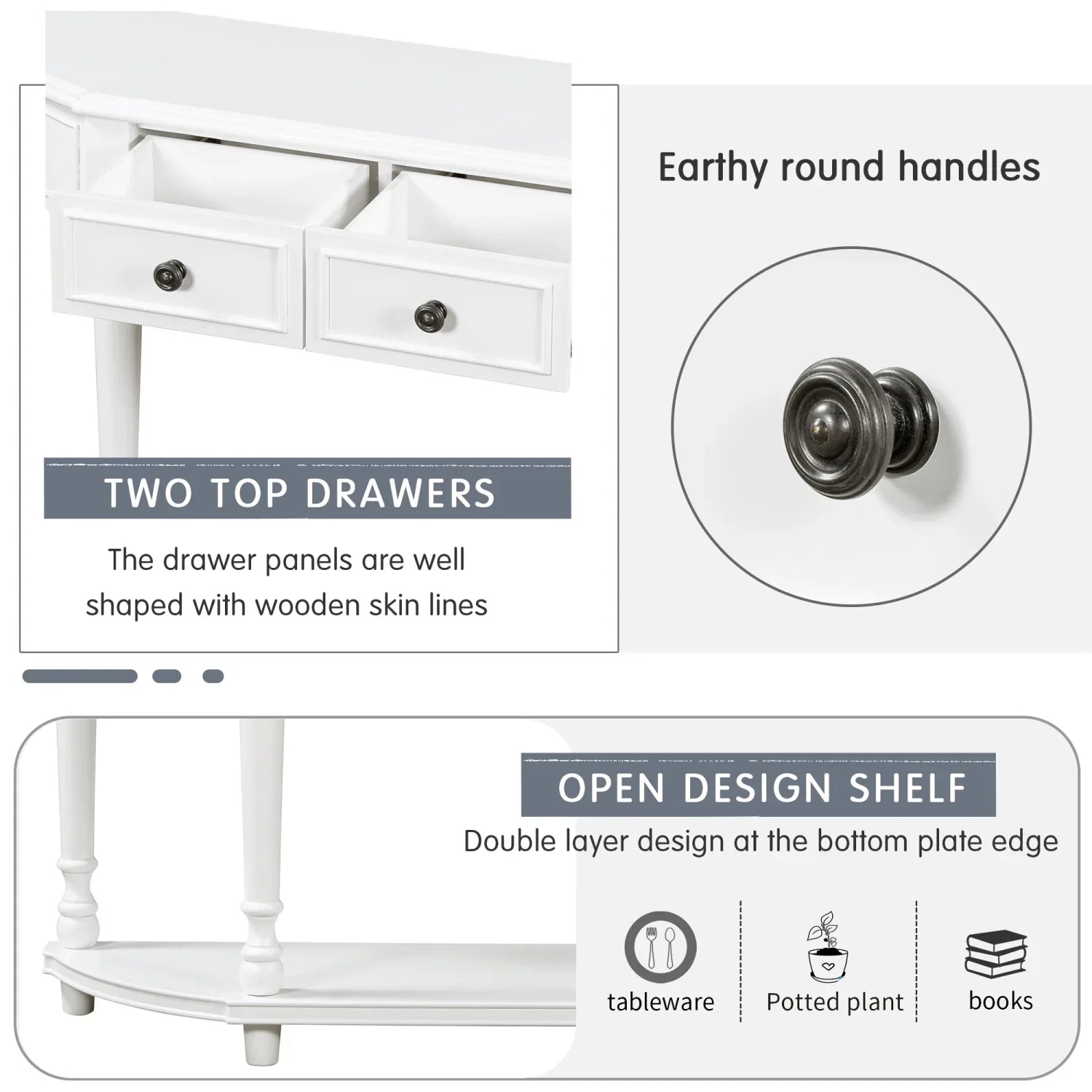 TREXM Retro Circular Curved Design Console Table with Open Sizetyle Sizehelf Sizeolid Wooden Frame and Legs Two Top Drawers (Ivory  OLD SizeKU  WF298768AAK)