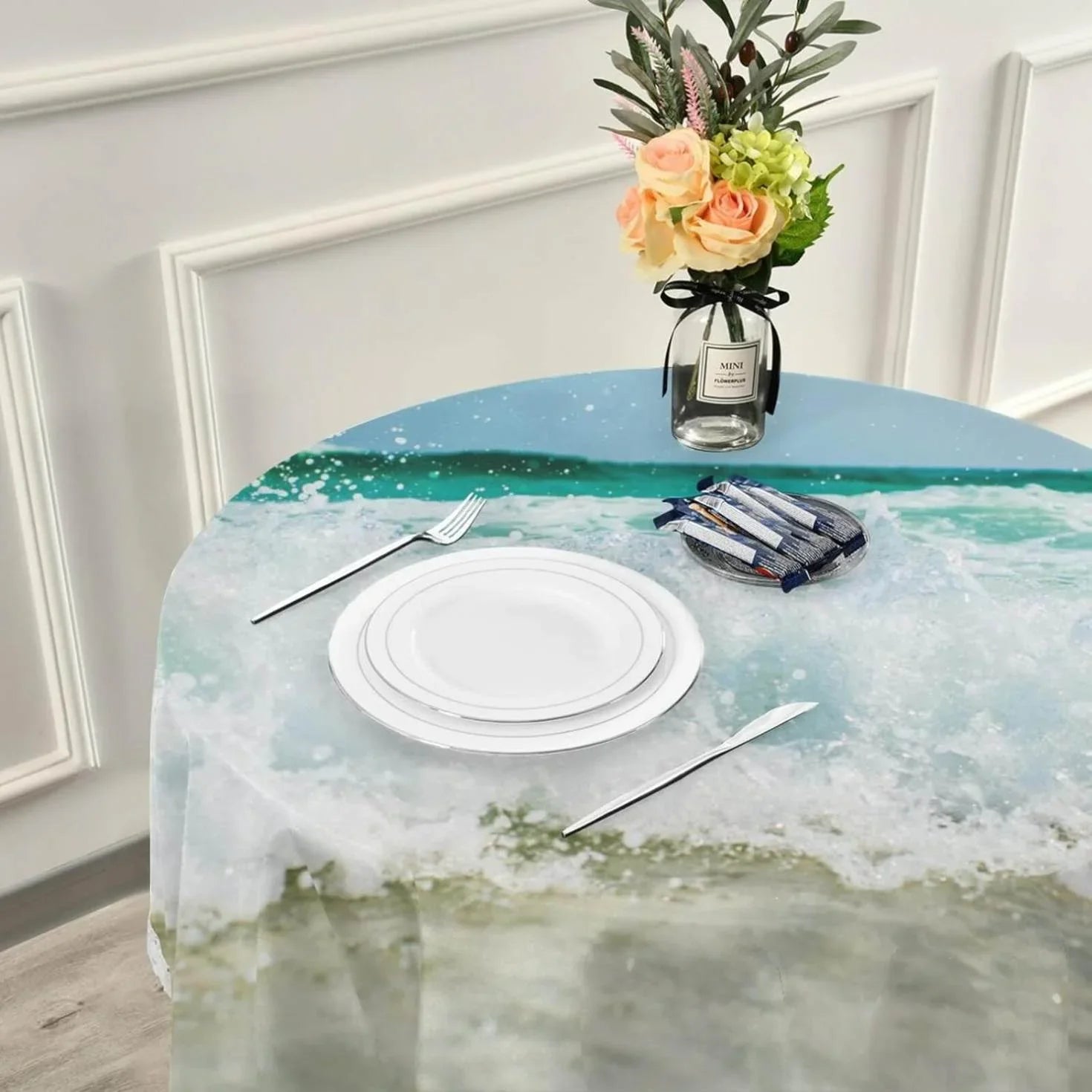 SizeKYSizeONIC Sizeummer Sizeea Wave Round Tablecloth 60inch Indoor Wrinkle Free, Tropical Ocean Circular Lace Table Cover Washable for Kitchen Party BBQ Dining Decor