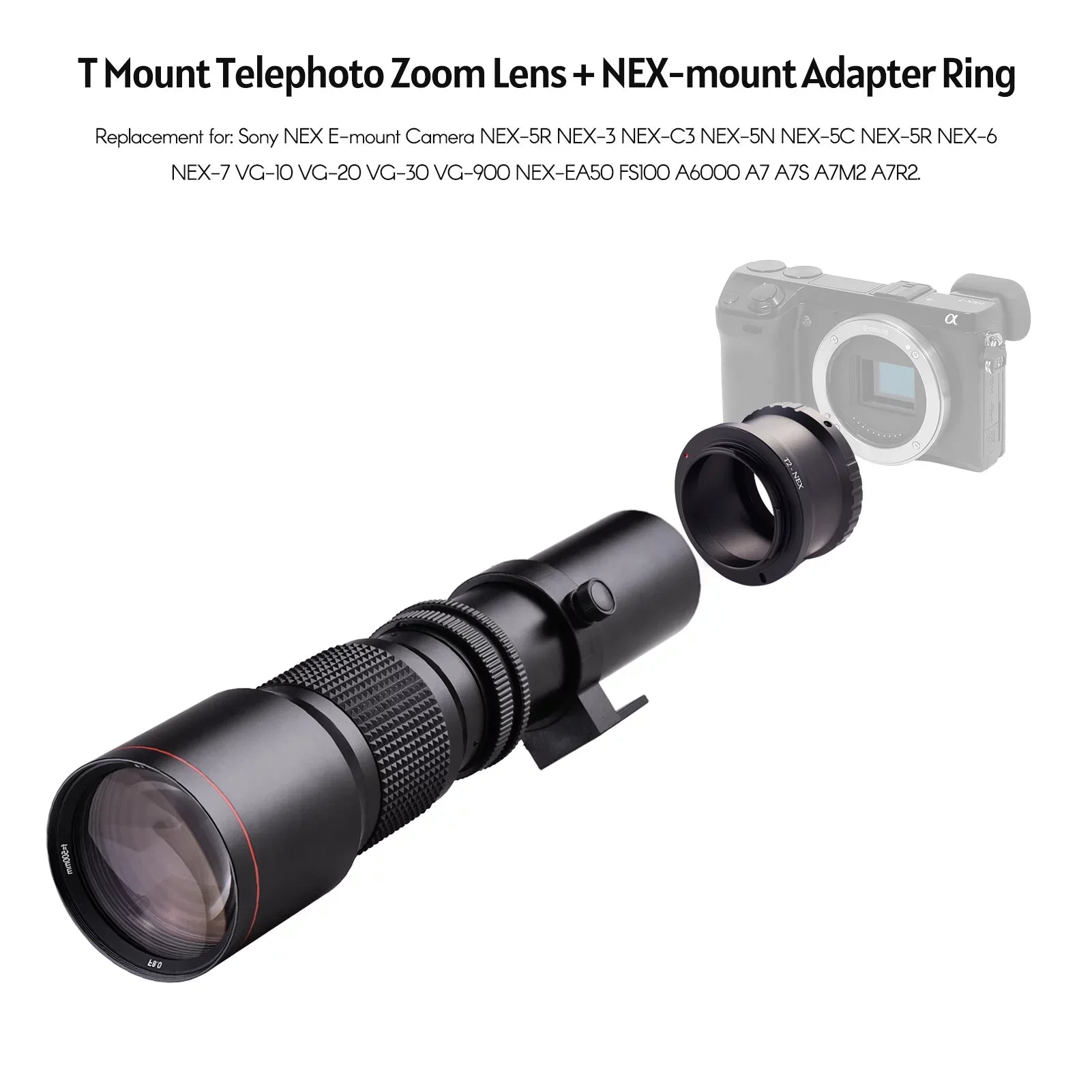 Aibecy 500mm F/8.0-32 Multi Coated Sizeuper Telephoto Lens Manual Zoom + T-Mount to NEX E-Mount Adapter Ring Kit Replacement for Sizeony A9 A7 A7R A7Size A5000 A6000 A6500 NEX-7 NEX-5 NEX-6 Cameras