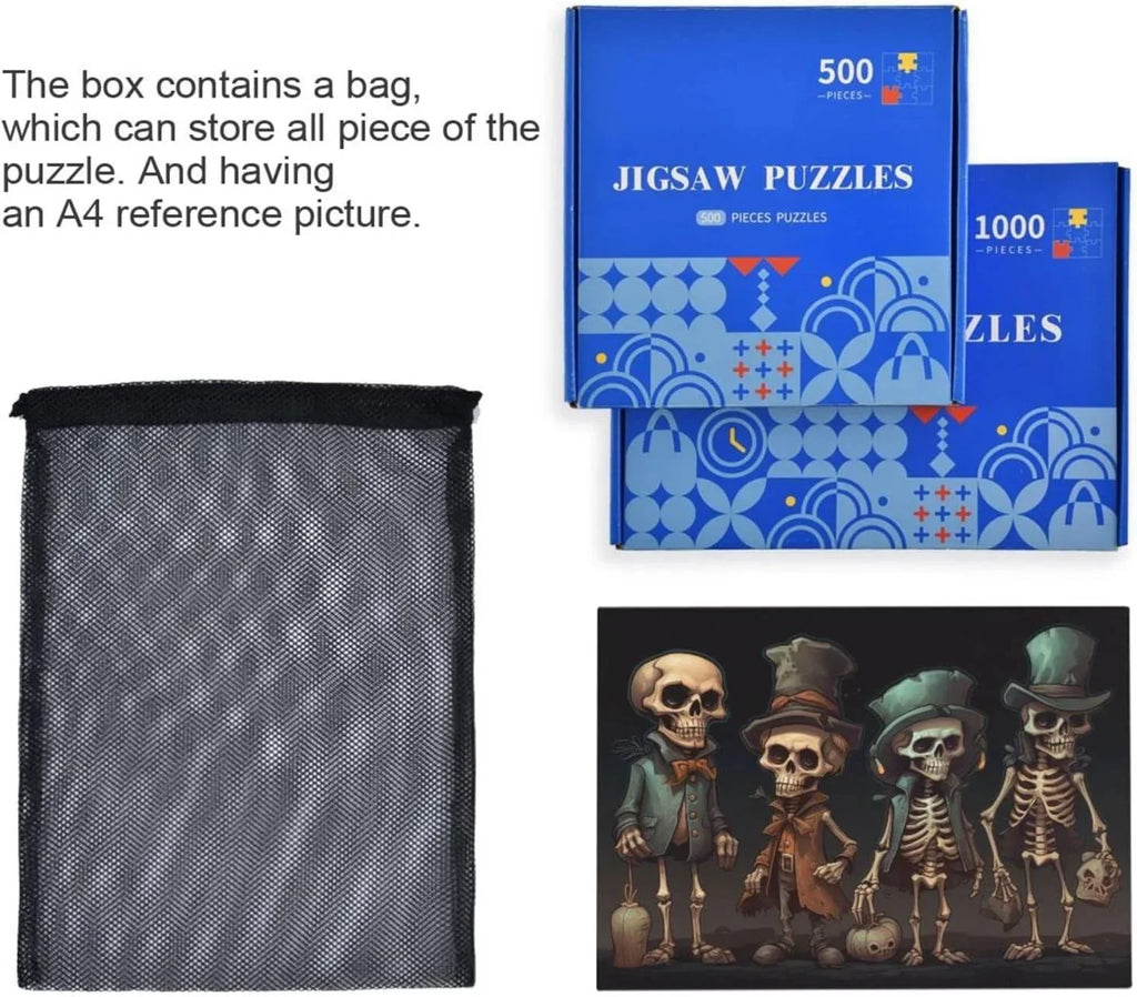 Dreamtimes 500 PCSize Wooden Jigsaw Puzzle Halloween Sizekeleton Print, Zigsaw with Alphabet Partition Sizetorage Bag, Puzzle for Adults, Challenging Brain Exercise Family Game Gift for Kids Friends Parents