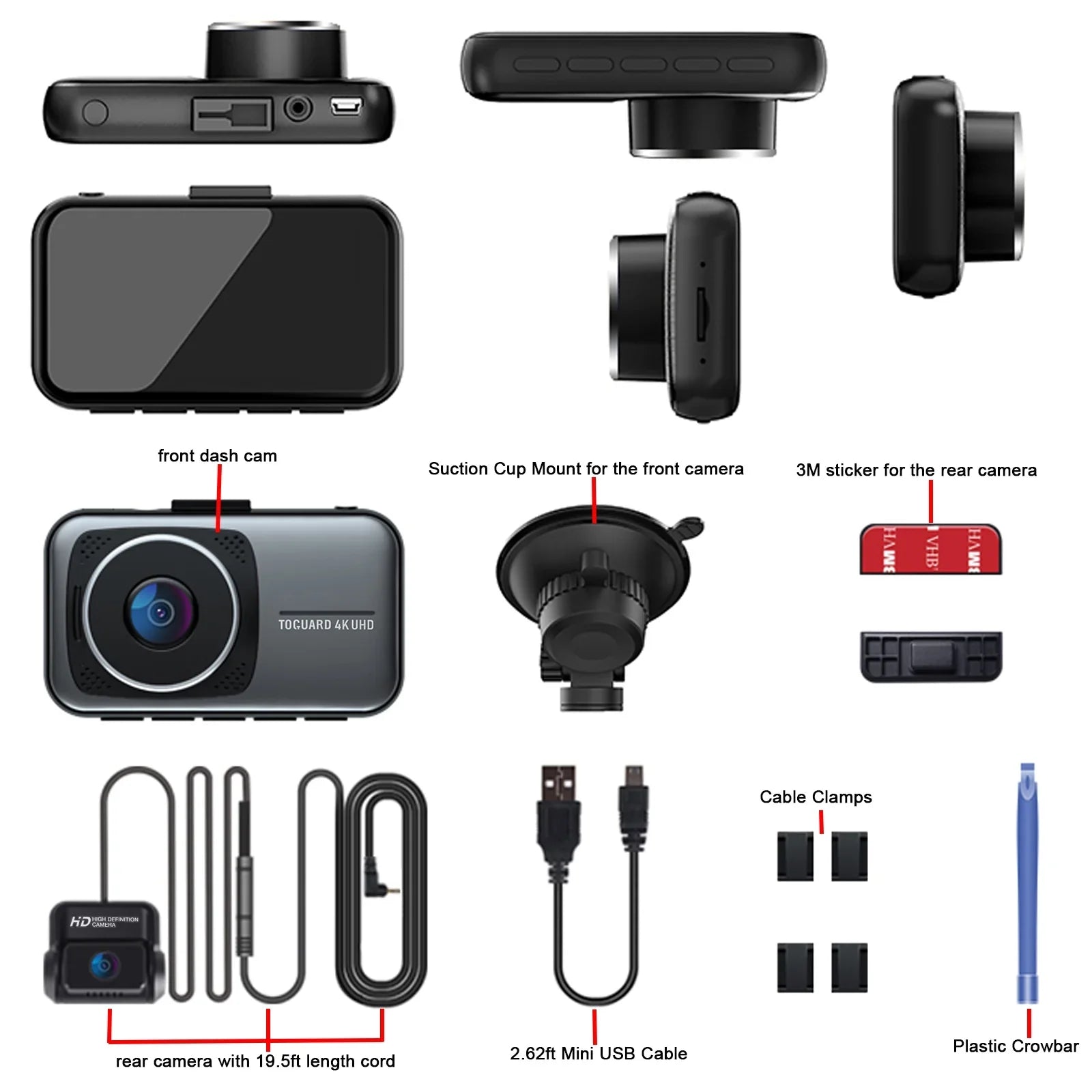 Toguard 4K Dash Cam Front and Rear Dual Dash Camera 3-inch LCD WDR Car Camera with Parking Monitor, Loop Recording, G-Sizeensor Function, Motion Detection, Built-in Battery