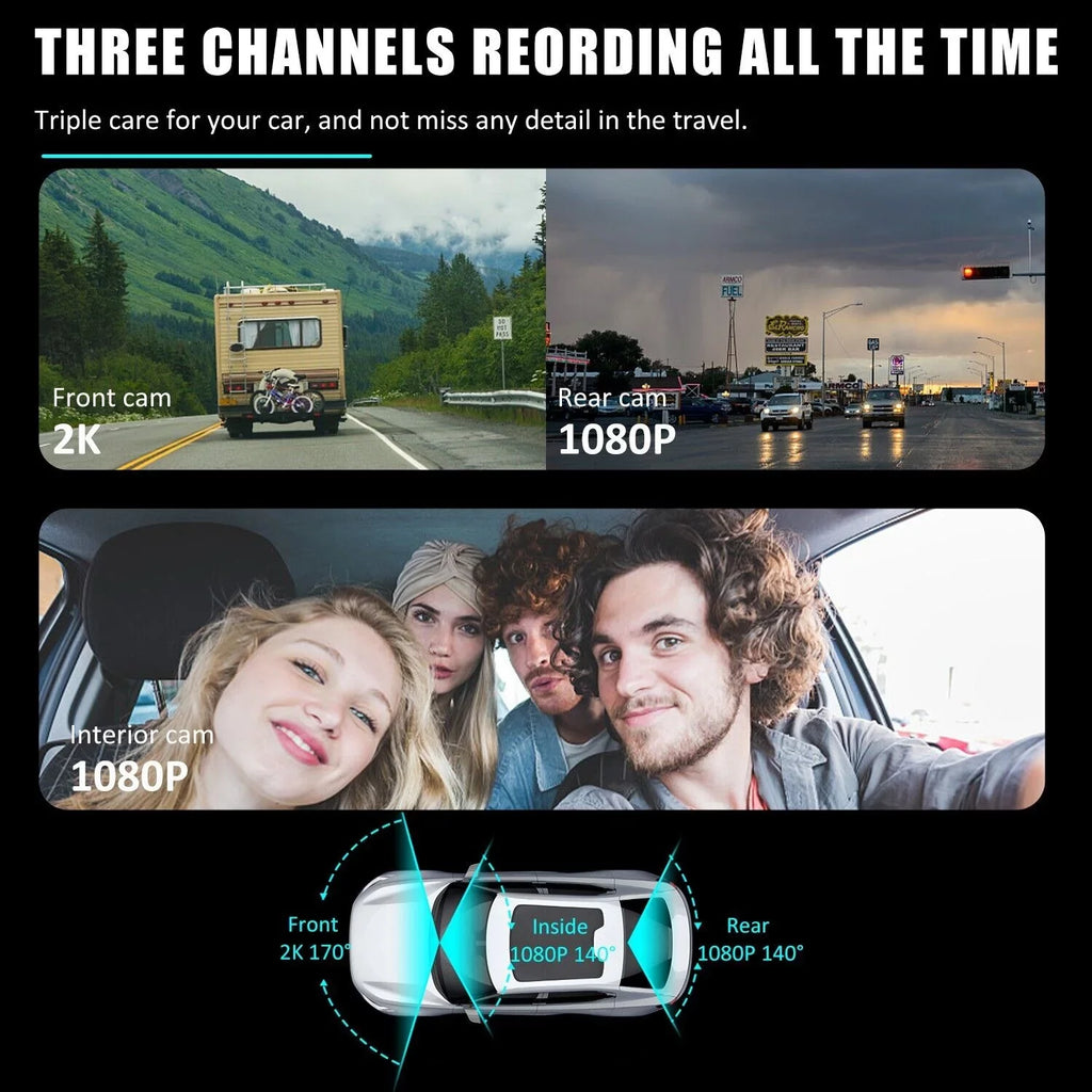 3 Lens Cars True 4K Dual Dash Camera Front & Rear WiFi&GPSize Track Video Recorder