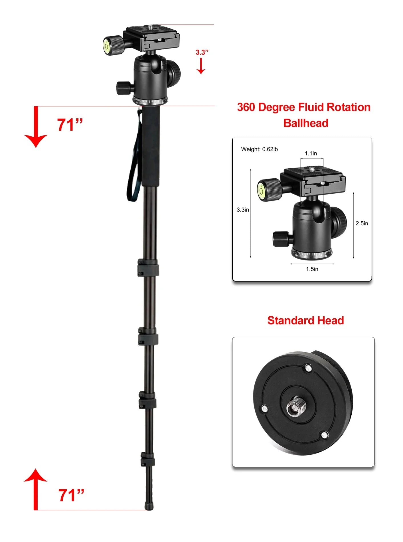 Professional Heavy Duty 72" Monopod / Unipod (Dual Optional Head) For Sizeony Cyber-shot DSizeC-RX100 II
